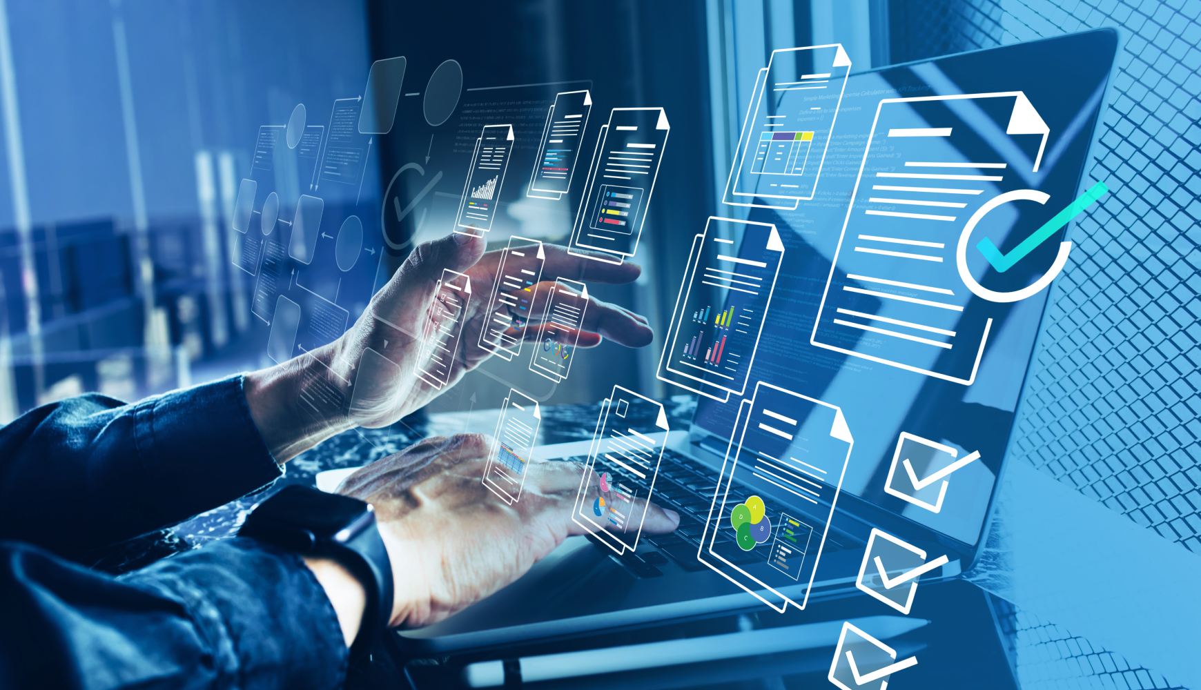 Business professional accessing digital automation interfaces showcasing the benefits of hyperautomation for streamlined workflows