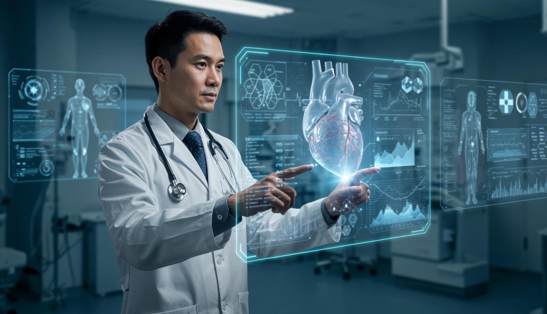 Doctor using AI-powered medical imaging to analyze a 3D heart model, representing healthcare as one of the industries AI will take over by 2026 with smarter diagnostics and personalized treatment.
