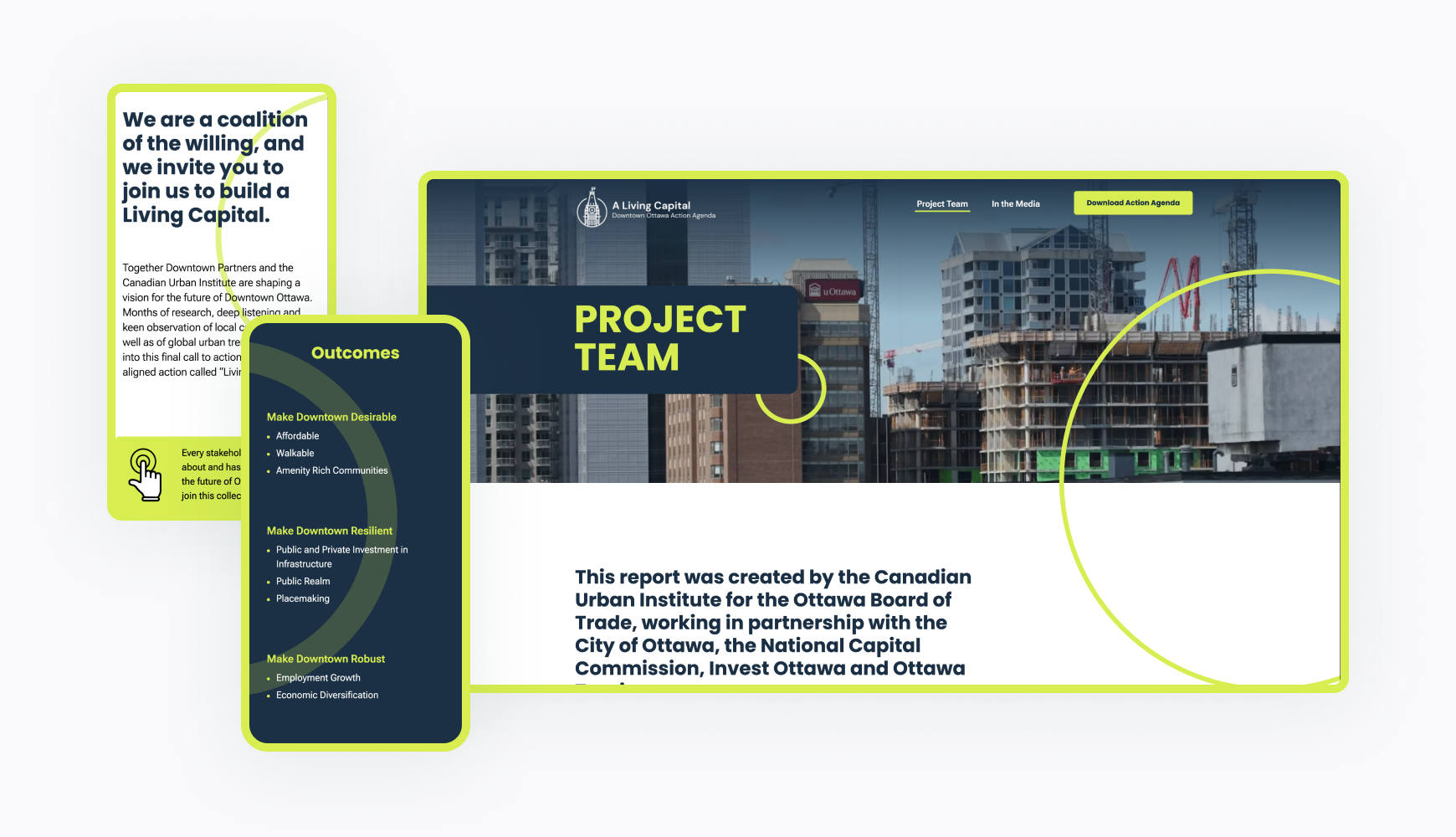 Informational website example showing a coalition page about building a Living Capital for Downtown Ottawa, demonstrating how informational types of websites effectively communicate vision and purpose.