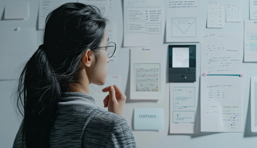 A UX designer reviewing a wall filled with research notes, wireframes, and user data, illustrating user-centric thinking as a foundational UX principle.