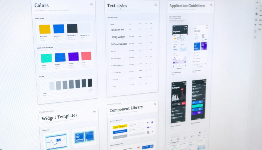 detailed design system screen showcasing consistent color palettes, text styles, and UI components, representing the UX principle of visual and functional consistency across platforms.