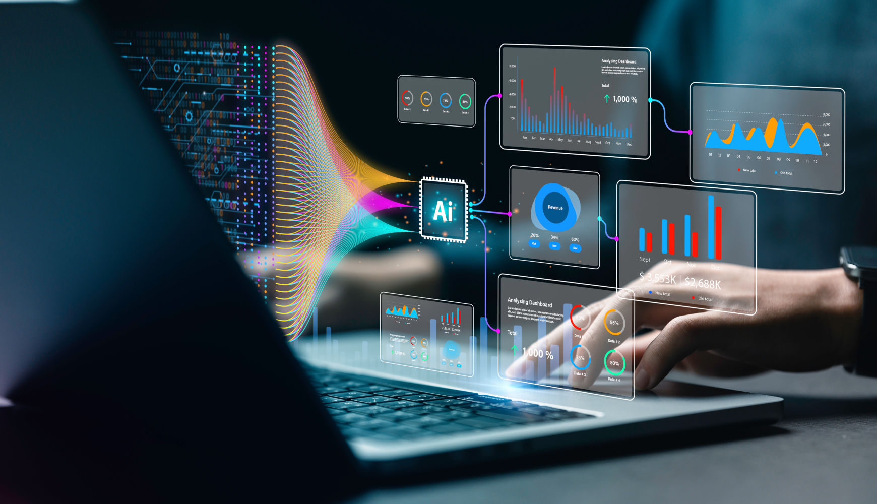 AI financial dashboards and predictive analytics on a laptop screen, showing finance as one of the industries AI will take over by 2026 through fraud detection, expense automation, and smarter investment insights.
