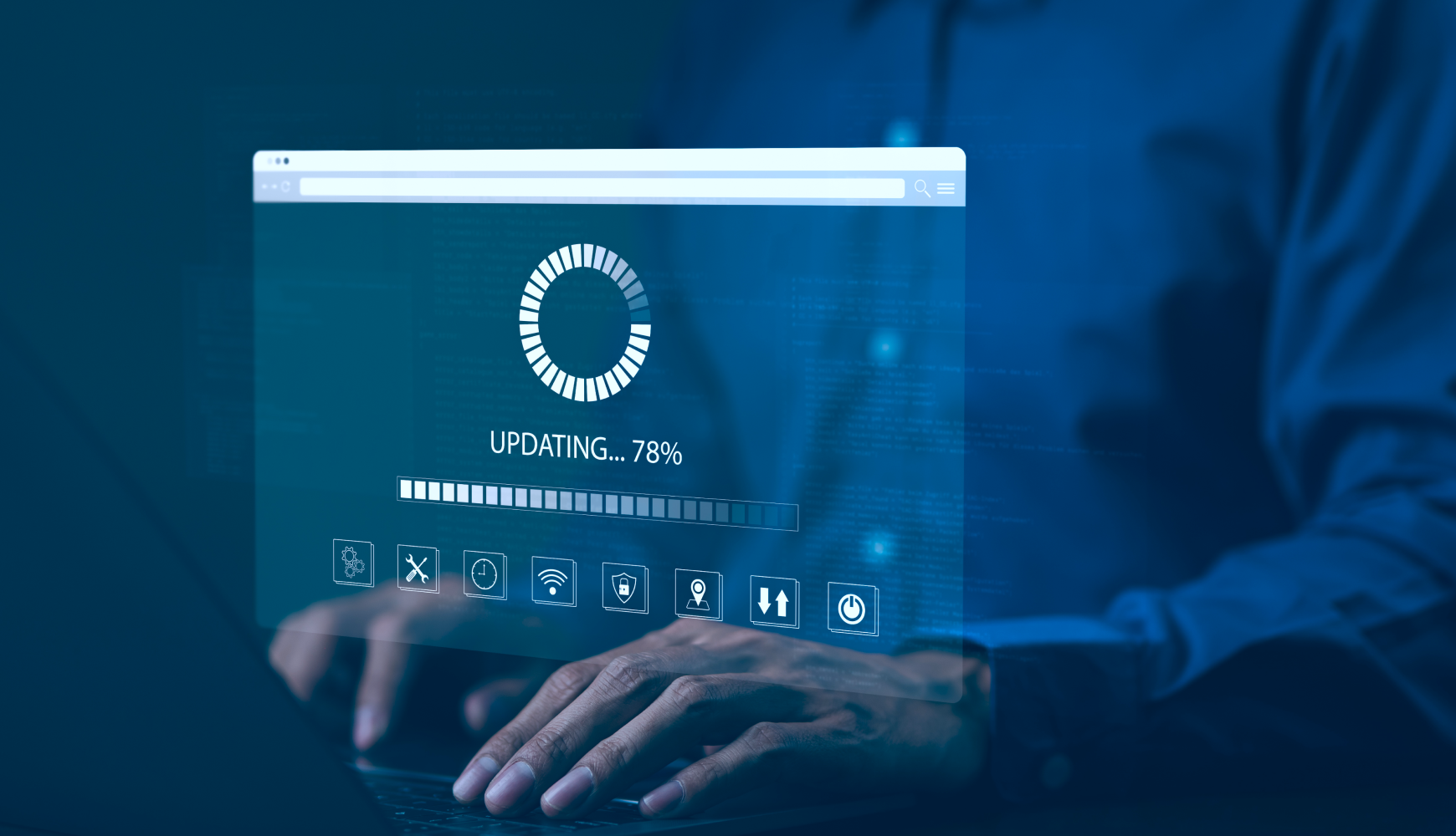Software update progress screen displaying essential cybersecurity tips for small businesses with system updating at 78% completion