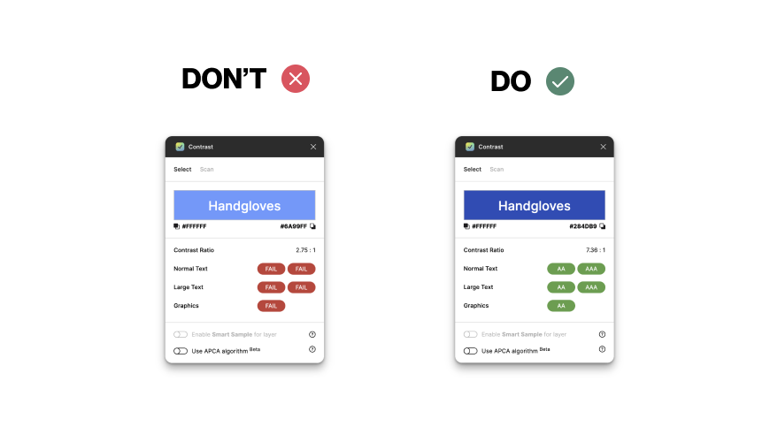 Side-by-side UI comparison showing poor and proper text contrast ratios, emphasizing the importance of accessibility as a core UX principle.