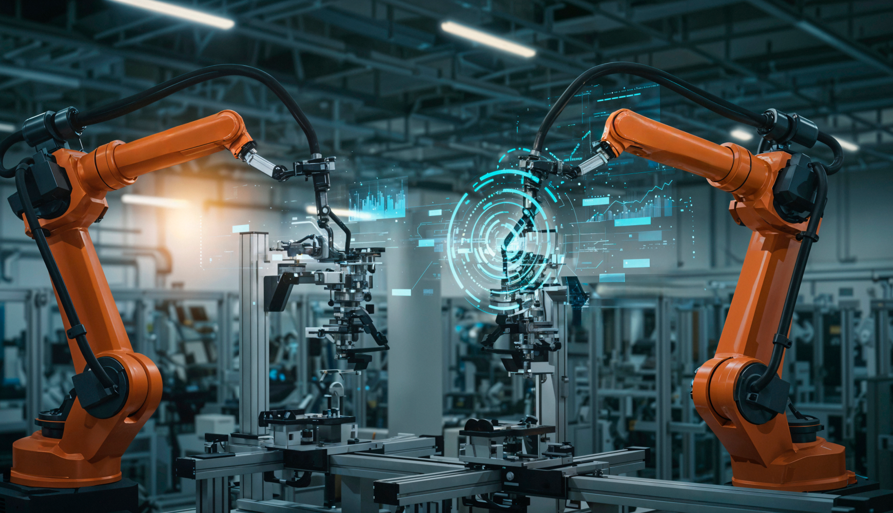 Robotic arms assembling products in a smart factory with AI-driven automation, highlighting manufacturing as one of the industries AI will take over by 2026 with predictive maintenance and optimized production.