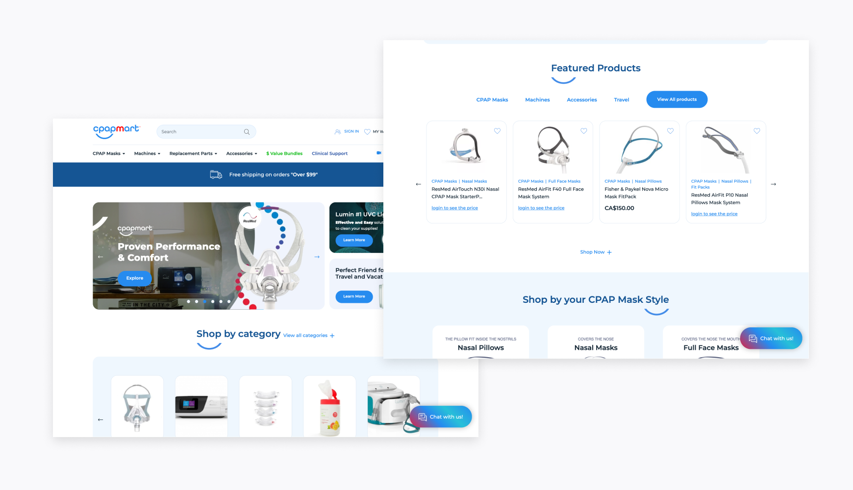 E-commerce website for CPAP products showing product categories, featured items with prices, and shopping cart functionality, demonstrating how e-commerce types of websites organize product catalogs for online shopping.