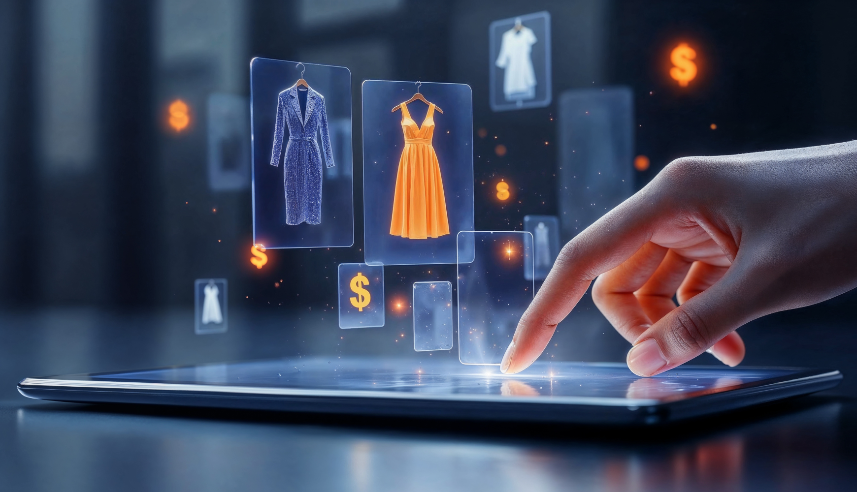 Hand selecting virtual clothing items with AI-powered shopping personalization, illustrating retail and e-commerce as industries AI will take over by 2026 with dynamic pricing and tailored customer experiences.