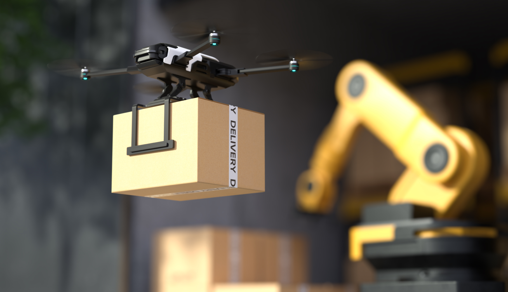 Drone delivering a package in an AI-automated logistics center, showcasing transportation and logistics as industries AI will take over by 2026 with predictive fleet management and autonomous delivery.