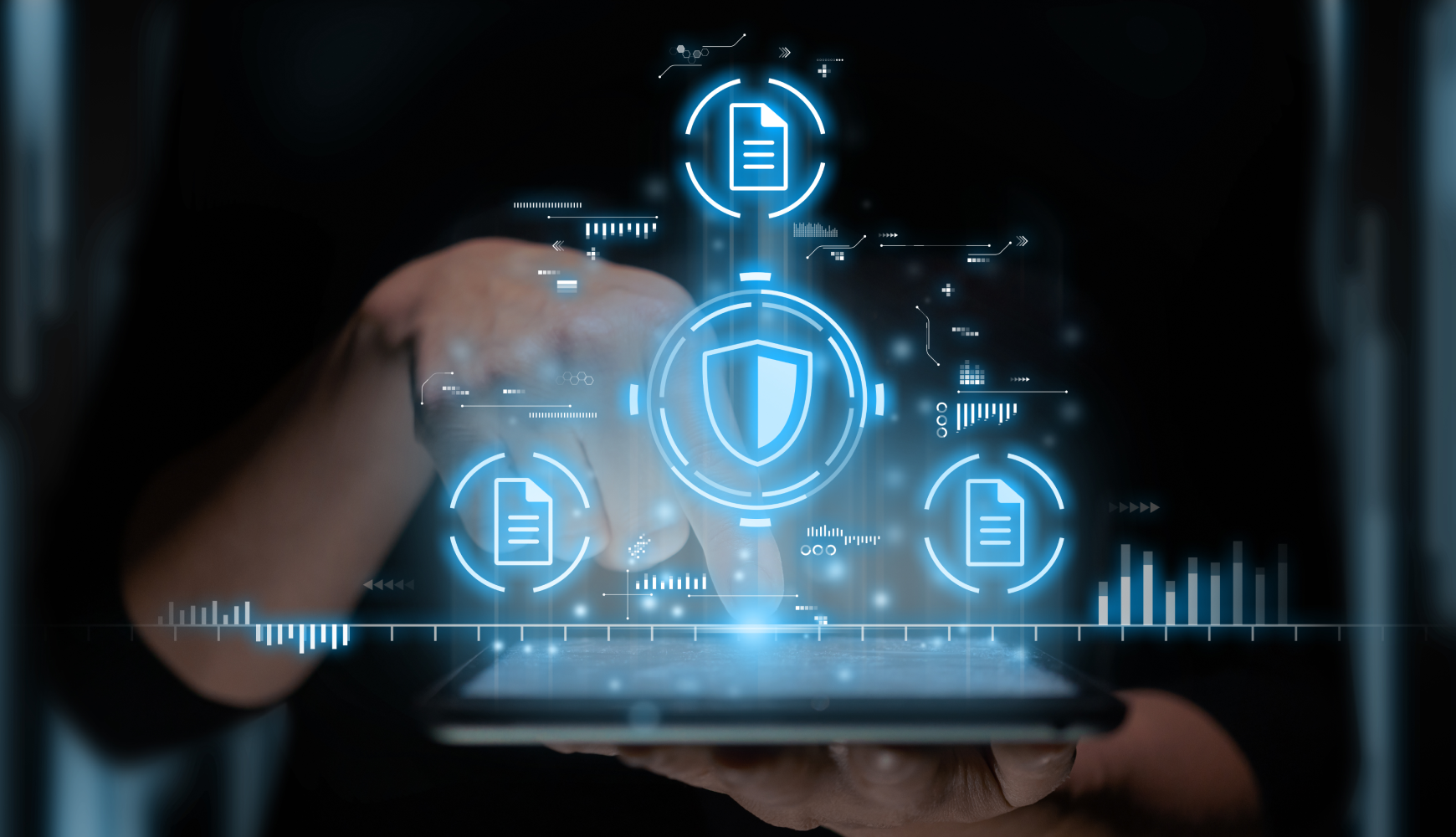Secure shield icon over a digital tablet interface, illustrating the importance of website maintenance in protecting user data and ensuring trust.