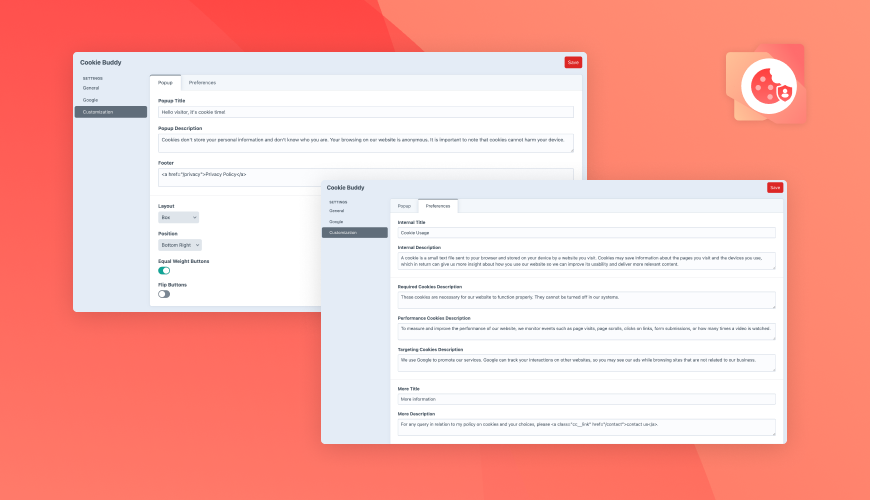 Cookie Buddy plugin UI for managing consent banner styles and cookie categories in Craft CMS—privacy-focused Craft CMS plugin for digital marketers.