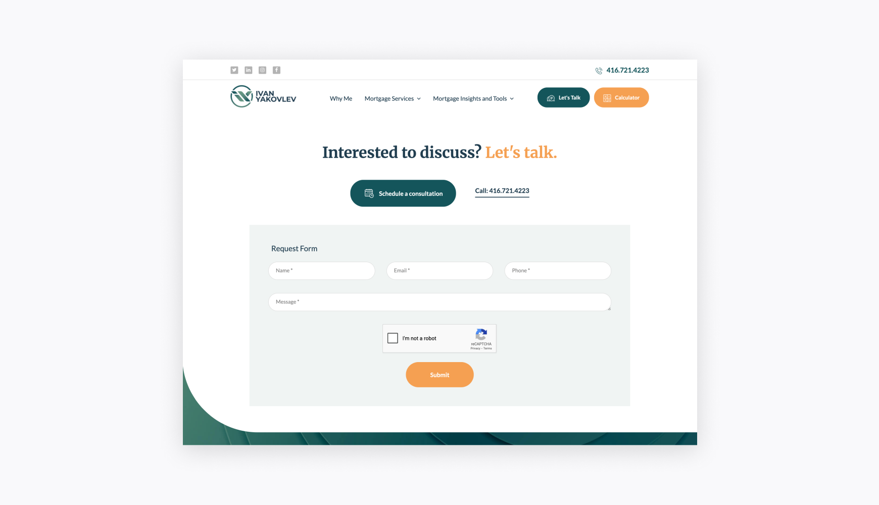 eservation website for mortgage consultation services featuring appointment scheduling forms and contact options, demonstrating how reservation types of websites facilitate booking and appointment management with interactive forms.