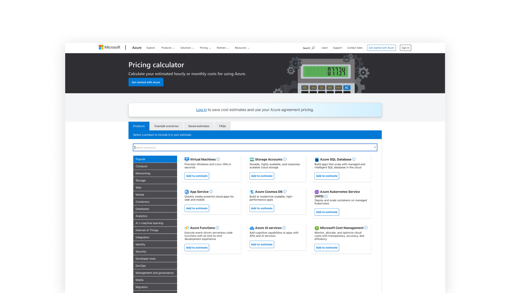 Screenshot of Microsoft Azure pricing calculator interface showing cost estimation options for services like virtual machines, storage accounts, and databases.