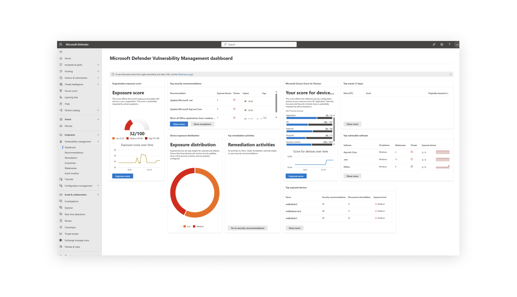 Screenshot of Microsoft Defender Vulnerability Management dashboard displaying exposure scores, threat levels, and remediation activity insights.