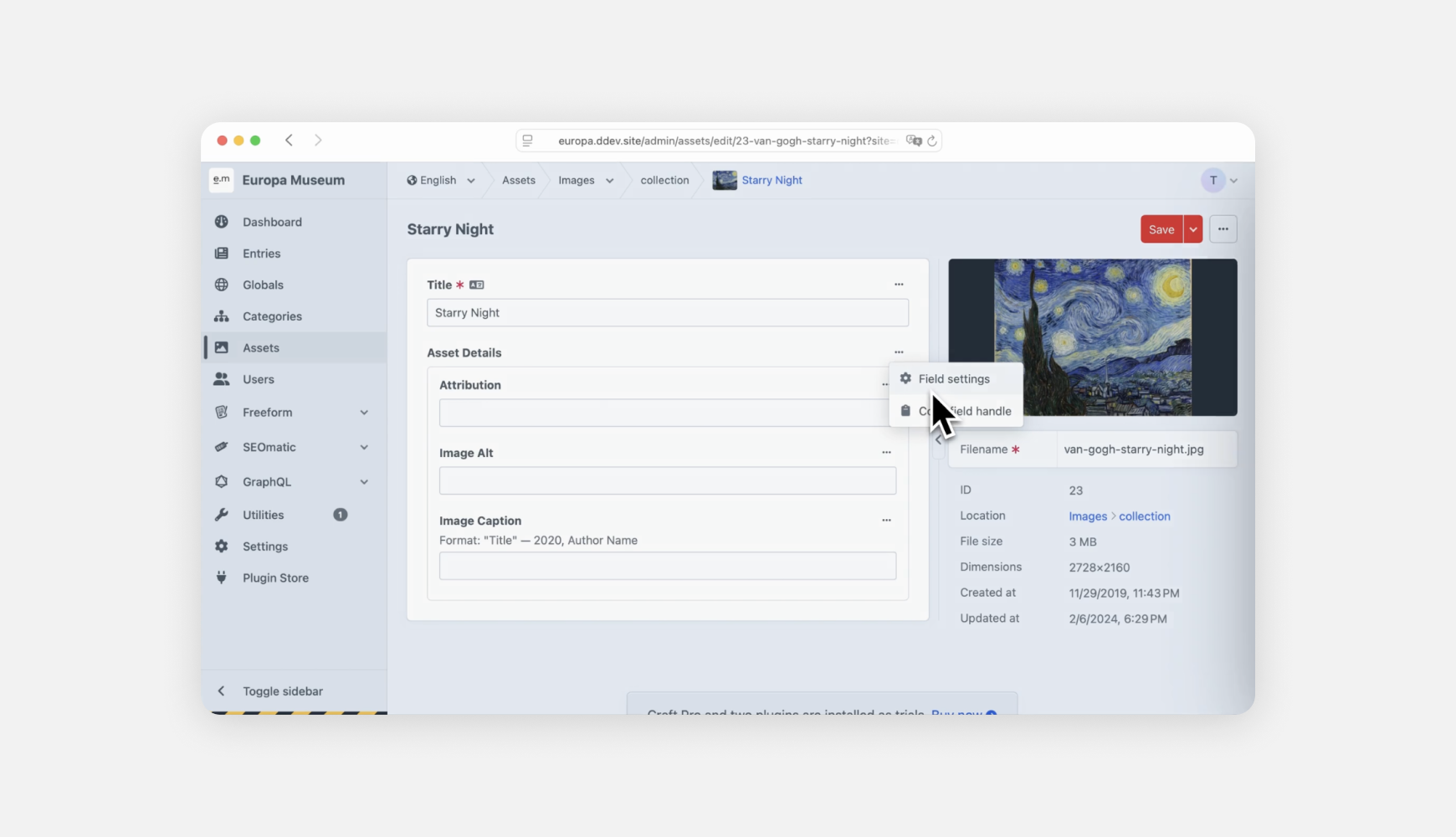 Content Block Fields in Craft CMS 5.8 showing reusable nested layouts in the asset editing interface.