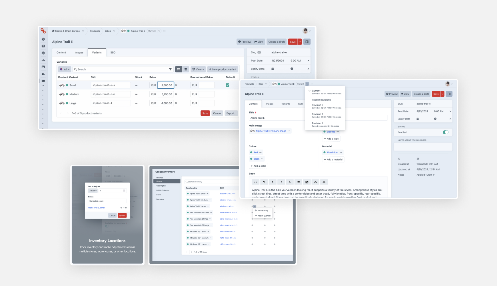 Craft Commerce product management and inventory dashboard showing customizable product variants, pricing, and stock tracking features.