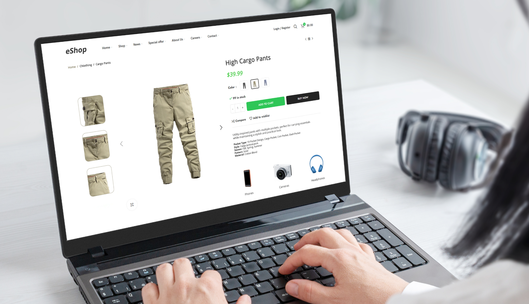 WooCommerce product page interface on a laptop screen displaying a clothing item with pricing, add-to-cart button, and product details.
