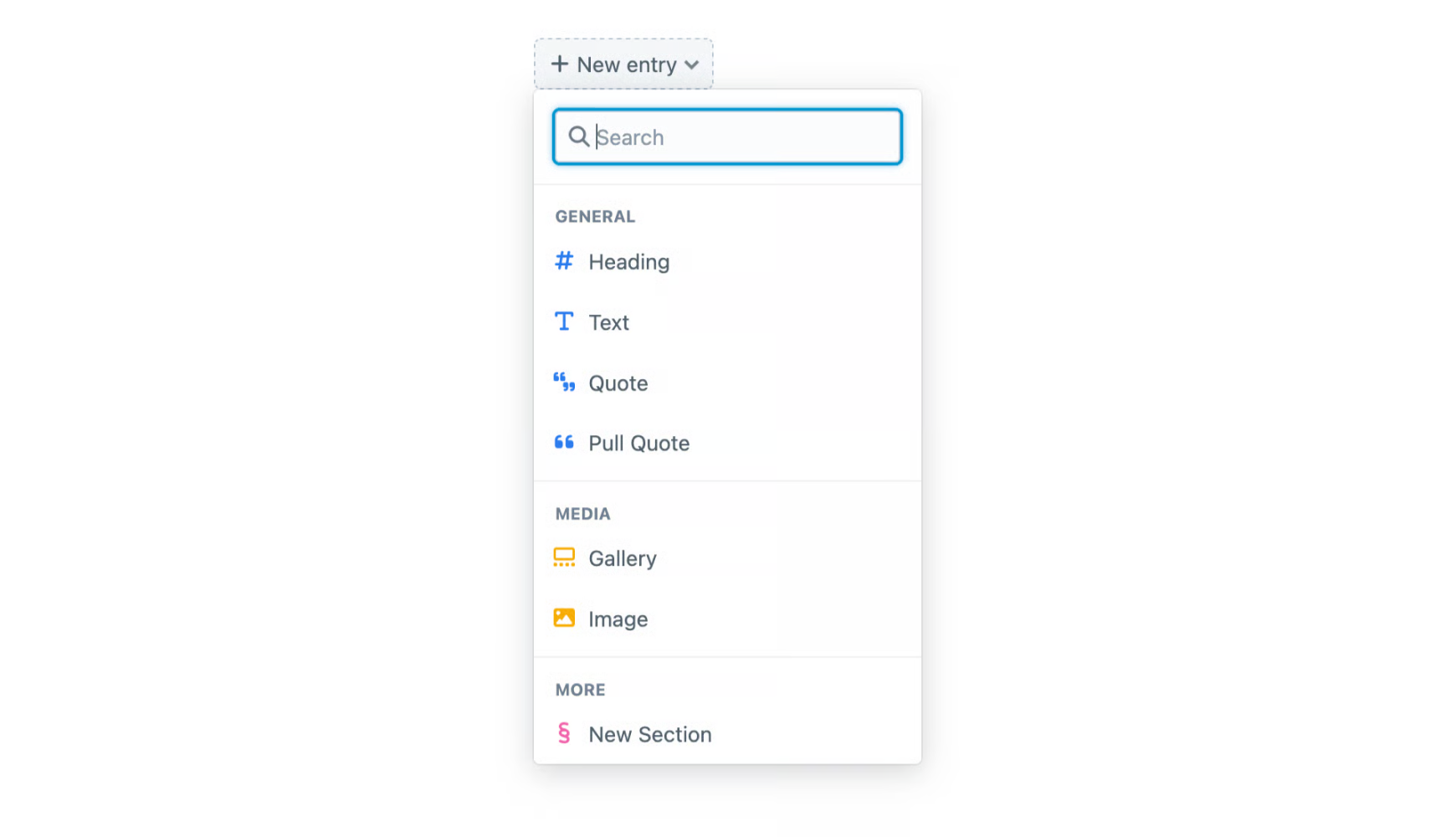Craft CMS 5.8 Matrix field showing grouped entry types for better content organization.