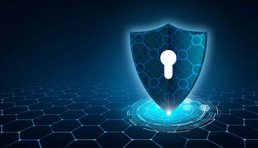 Digital shield and lock icon representing protection against holiday cyber threats, emphasizing website security, data encryption, and online business protection during peak holiday traffic