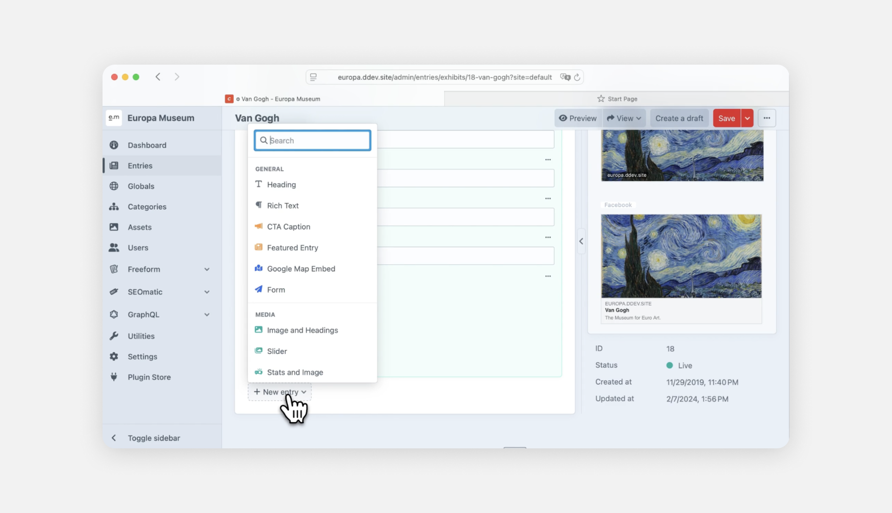 Craft CMS 5.8 Matrix block selector with search bar for filtering entry types.