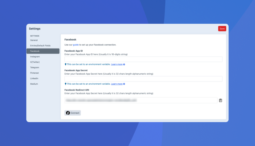 Social Buddy plugin settings in Craft CMS for connecting Facebook, Instagram, and more—streamlining social publishing with Craft CMS plugins for digital marketers.