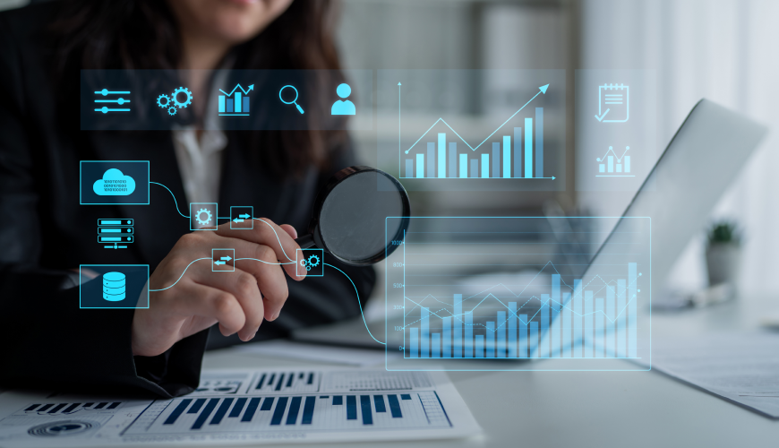 Business analyst reviewing application performance monitoring (APM) metrics and user experience insights with digital data visualization.