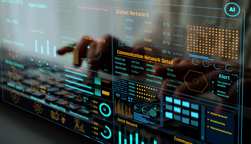 Advanced APM dashboard displaying real-time performance data, system health, and network communication metrics for enterprise applications.