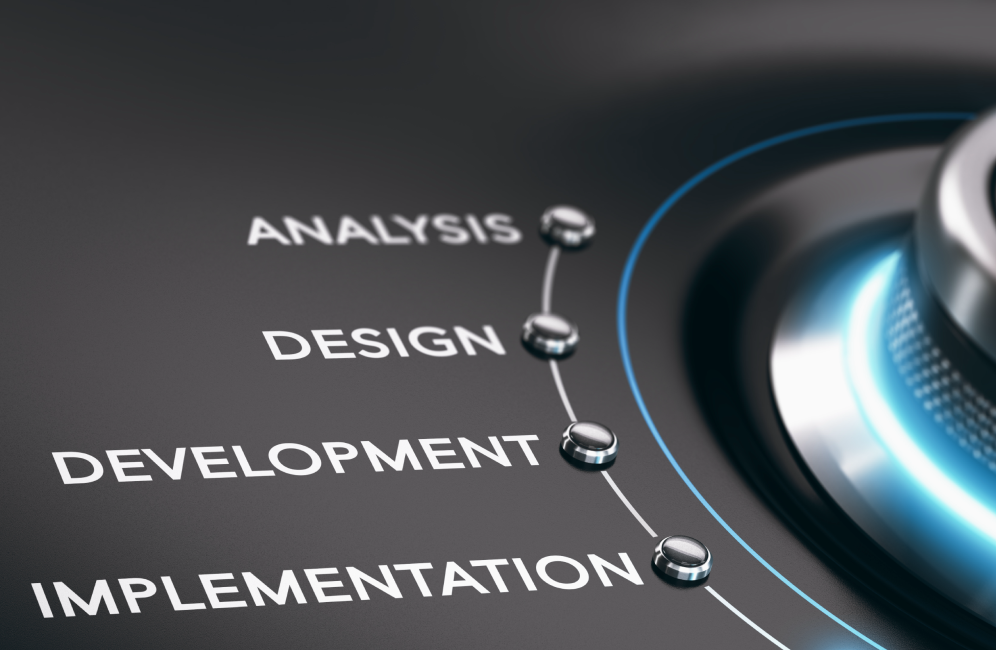 Button displaying "Analysis, Design, Implementation" related to the Software Development Life Cycle (SDLC).